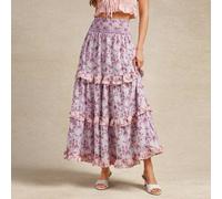 Shein Falda larga de verano con volantes en capas, cintura smock, detalles de encaje y crochet, y estampados florales ditsy en mezcla de colores para la pri