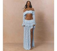 Shein Falda Maxi Larga hasta el Suelo con Volantes en Capas de Encaje, Abertura Asimétrica, Solo Bottom, Conjunto Lindo para Primavera, Vacaciones, Estilo F