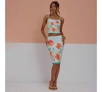 Shein Falda midi ajustada de jersey de corte recto con ribete elástico estampado, solo Bottom del conjunto, linda y sexy para primavera, verano, vacaciones,