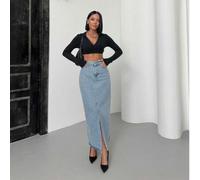 Shein Falda midi de mezclilla lavada con tajo frontal, de talle alto para mujeres en ropa de trabajo