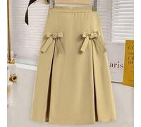 Shein Falda midi para niñas en beige claro, con dos decoraciones de moño a juego en la parte delantera, diseño con aberturas laterales, estilo suave y elega