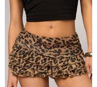 Shein Falda mini con volantes de cintura baja con estampado de leopardo y malla, falda mini de verano, para uso en festivales, Nashville, vacaciones