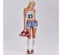 Shein Falda mini de mezclilla ultra de cintura baja con cintura en contraste, bordado digital, estilo deportivo Yabby World Cup, estilo Y2K Hot Girl para va