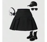 Shein Falda plisada de cintura alta con pantalones cortos incorporados para niñas, falda-pantalón 2 en 1, versátil para todas las estaciones, se puede combi