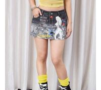 Shein Falda vaquera casual con bolsillo y estampado de lema de retrato de chica millennial para mujeres, ideal para fiestas de Navidad, Año Nuevo, San Valen