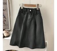 Shein Falda vaquera casual de cintura elástica negra lavada para niñas, falda a media pierna de línea A suelta y favorecedora de moda retro para niños en pr
