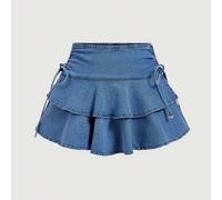 Shein Falda vaquera casual de verano para mujer con cordón, plisada y multicapa