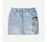 Shein Falda vaquera con bordado de figura de dibujos animados y patrón de estrella para mujeres, escuela