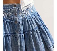 Shein Falda vaquera con línea A, bordada con rosas, de estilo vintage campestre bohemio, para mujeres