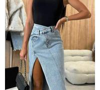 Shein Falda vaquera de estilo urbano para mujer, que modifica la forma de la pierna y tiene un diseño de cintura alta, abertura y borde deshilachado. Es ade