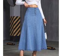 Shein Falda vaquera maxi de cintura alta, informal y holgada, de un solo pecho, con estiramiento, de moda para mujeres