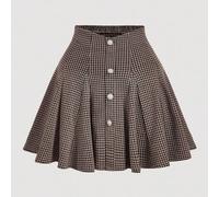 Shein Falda vintage de corte estilo tribunal con botones de perlas falsas, de talle alto y acampanada, a cuadros en color caqui, para mujeres de talla grand