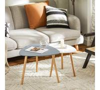 Shein FBT74-W Juego de 2 mesas auxiliares con estantes, mesa de centro, mesa de sofá, mesa nido de bambú blanco/natural