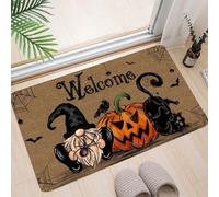 Shein Felpudo de entrada con diseño de calabaza, gato negro y gnomos de estilo Halloween - Alfombra de poliéster lavable para decoración del hogar y la coci