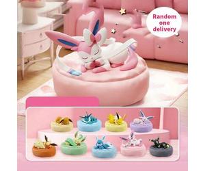 Shein Figuras de la serie Eevee Evolution Sleeping Posture de Langbowang Pokémon, textura de resina suave, caja sorpresa versión Q, lindas figuras decorativ