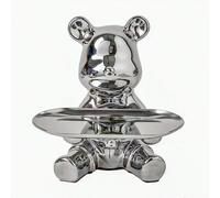 Shein Figurita encantadora de oso de cerámica, oso plateado con bandeja de plata, bandeja de almacenamiento de llaves de sala de estar/vestíbulo, ornamento