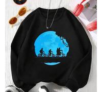 Shein Fondo azul claro con siluetas negras de niños en bicicleta volviendo juntos a casa. Sudadera oversize informal Curve, versátil para otoño/invierno, te