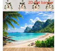 Shein Fondo de pancarta para fiesta estilo costero plano 2D. Tema de playa tropical, con palmeras, mar azul y cielo, montañas cubiertas de verde y un patrón