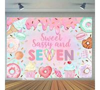 Shein Fondo para fiesta de cumpleaños 7th Happy Birthday - Diseño de donas y caramelos, mezcla de poliéster, sin necesidad de electricidad, excelente par