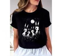 Shein Forest Rabbits and the Moon Women'S Affordable Fashion Casual T-shirt Soft Breathable Stretch Fabric Summer Round Neck, Anime Pattern, Cotton, Knit Fa