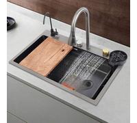 Shein Fregadero de acero inoxidable gris con diseño de panal, fregadero de cocina de 75 cm con cubeta extra grande, práctico portavasos y eficiente sistema