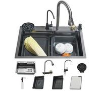 Shein Fregadero de cascada de 60*46 cm, acero inoxidable gris 304, grifo monomando, fregadero de un seno para cocinas familiares con accesorios completos