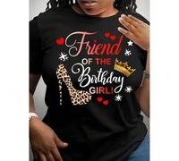 Shein Friends of the Birthday Girl" Celebration Tee - Crew Neck T-Shirt with Leopard Print High Heels & Crown Design, Casual Short Sleeve Top for Spring/Sum