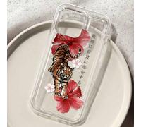 Shein Funda de teléfono con diseño de tigre japonés y flores de hibisco compatible con iPhone y Galaxy - Cita "Enamórate de ti mismo primero", protección tr