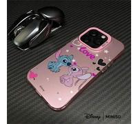 Shein Funda de teléfono con impresión de líquido "Amor" de la pareja Stitch & Angel de MINISO, compatible con iPhone 17/17 Pro/17 Pro Max/17 Air/16/15/14/13