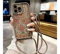 Shein Funda de teléfono con textura de CD pintada con flores, correa cruzada de alta gama en contraste marrón, compatible con Apple 17/17 Pro/16/16 Pro/16 P