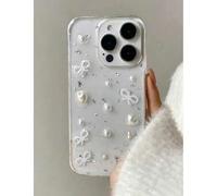 Shein Funda de teléfono de lujo con lazo de perla 3D y lámina de plata, compatible con iPhone 17 Pro Max Air 16 15 14 13 12 11 Pro Max XR X XS Max 7 8 Plus,