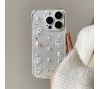 Shein Funda de teléfono de lujo con lazo de perlas 3D, lámina de plata, compatible con iPhone 17 Pro Max, Air 16, 15, 14, 13, 12, 11 Pro Max, Mini, XR, X, X