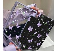 Shein Funda trasparente de cristal con elementos de mariposa, flor púrpura de dibujos animados y ranura para lápiz compatible con iPad 7th, 8th y 10th Gen 1