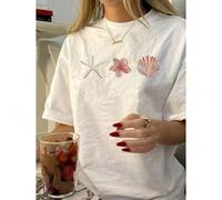 Shein Funny Shell Pattern Print American Retro Sports Top, Women'S Summer Comfortable Sports T-shirt, Cotton Material, Crew Neck, Short Sleeve, Medium Stret