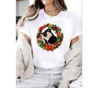 Shein Funny Tuxedo Cat Christmas Wreath Ornament Crew Neck Short Sleeve T-Shirt, Casual Print Graphic Cotton Tees Women TopsCasual T-Shirts Are The Focus Of