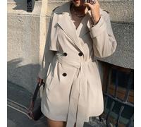 Shein Gabardina midi de manga larga elegante de doble botonadura de unicolor para tallas grandes, para principios de otoño