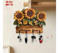 Shein Gancho de pared de madera de estilo rústico con girasol en 2D - Con el eslogan "Bienvenido a casa", material de madera artificial de color amarillo cá
