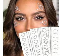 Shein Gemas faciales autoadhesivas de estrella/media luna/corazón de cristal multicolor con brillo plateado, para decoración de maquillaje, uñas, festivales