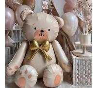 Shein Globo de aluminio de oso sentado lindo de 71 cm en blanco lechoso con lazo dorado, emparejado con globos de látex blancos de arena y champán de 10 pul