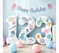 Shein Globo de número blanco de 32 pulgadas con tema oceánico, con pegatinas de animales marinos aleatorias, globo de papel de aluminio grande para decoraci