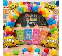Shein Globos de aluminio con temática de vuelta al colegio en formas de lápiz, autobús escolar, señal de tráfico, globos de aluminio con dibujos animados ad