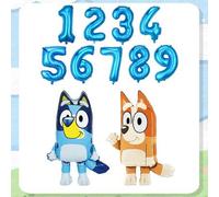 Shein Globos de cumpleaños con temática de Bluey, el personaje de dibujos animados, en azul y naranja, decoración de globos con números azules del 1 al 9, a