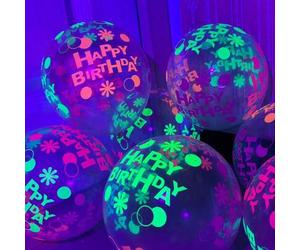 Shein Globos neón que brillan, globos de estrellas/puntos neón que brillan en la oscuridad con luz negra, globos de látex neón fluorescentes para cumpleaños