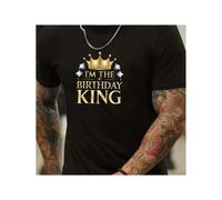 Shein Golden Crown I'M THE BIRTHDAY KING Short-sleeved T-shirt, Summer Round Neck , Pure Cotton Texture, I Wish Myself A Happy Birthday