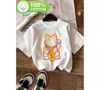 Shein [Good Luck Charm] Lucky Cat Japanese Money Kitten Good Luck Charm Print T-shirt | Short Sleeve Crew Neck Casual Top | 100% Material | Slight Stretch |