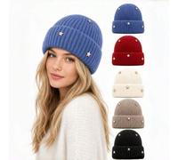 Shein Gorro de punto con estrella 3D para mujer, moda de otoño/invierno, gorro slouchy cálido con doblez, gorro para clima frío