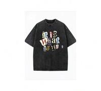Shein Graffiti Splicing Letters "IT IS WHAT IT IS" Printed Summer Loose Fit Short Sleeved Washed Vintage 230g Pure Cotton Comfortable Breathable Casual Stre