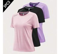 Shein GRIM PANDA 3 piezas Camisetas de manga corta de secado rápido para mujer, tops deportivos transpirables para fitness color rosa de verano