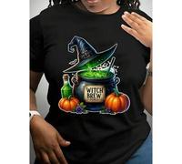 Shein Halloween T-Shirt - Witch Hat, Cauldron & Pumpkin Design - Stretchy Micro-Elastic Fabric Costume Party Outfit - Machine Washable Fall Festival Top