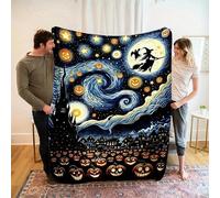 Shein Halloween Witch & Jack-O'-Lantern Flannel Throw Blanket - Cozy, Reversible, 100% Polyester, Starry Night Sky Design with Full Moon & Haunted Castle, P
